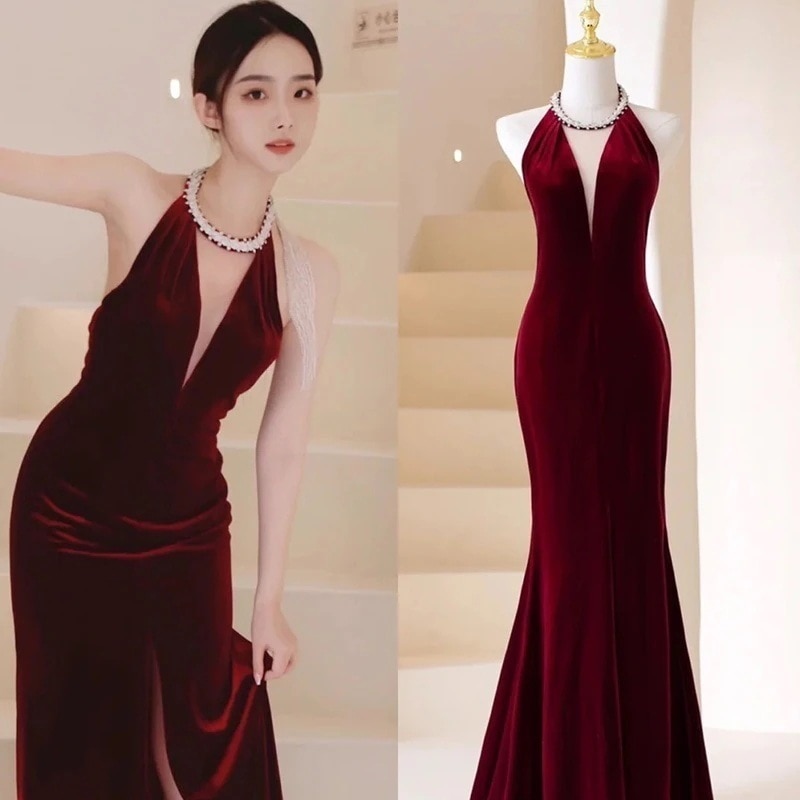 ワンピースドレスドレスワインレッド高級感バックレス ドレス 結婚式 フィッシュテール体型カバー着痩せ 結婚式ドレス お呼ばれホワイト ドレスワンピース上品な拔け感イブニングドレス 乾杯服でドレスワ