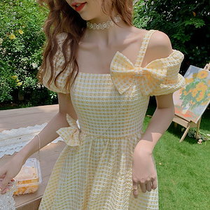 黄色の泡の袖のワンピースの女性の夏の新型初恋甘いつぼみデザイン感リボンのスカート