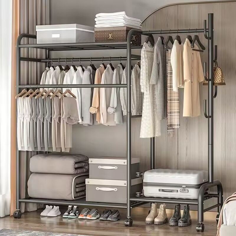 11 車輪付きの床スタンディングの服ハンガーベッドルームストレージ家庭用シンプルなバルコニー衣服乾燥衣服乾燥ロッド衣服ラック