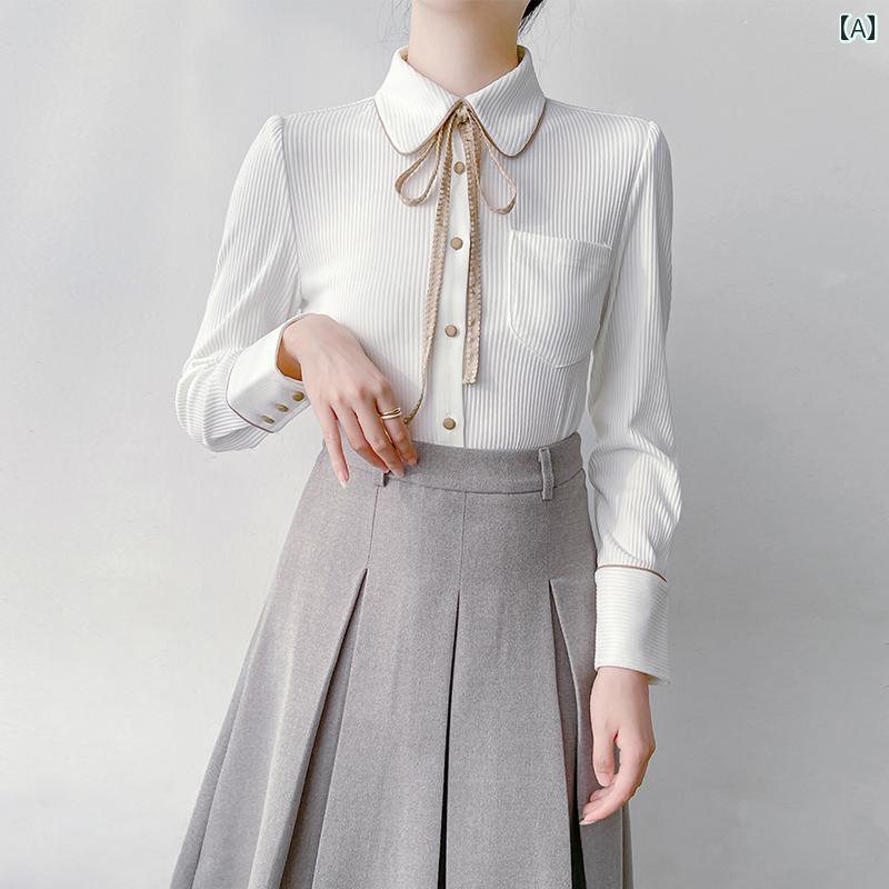 ブラウス リボン ボウタイ 白 シャツ レディース 秋冬 通勤 コーデュロイ トップス オフィスカジュアル ガーリー 長袖 ファッション