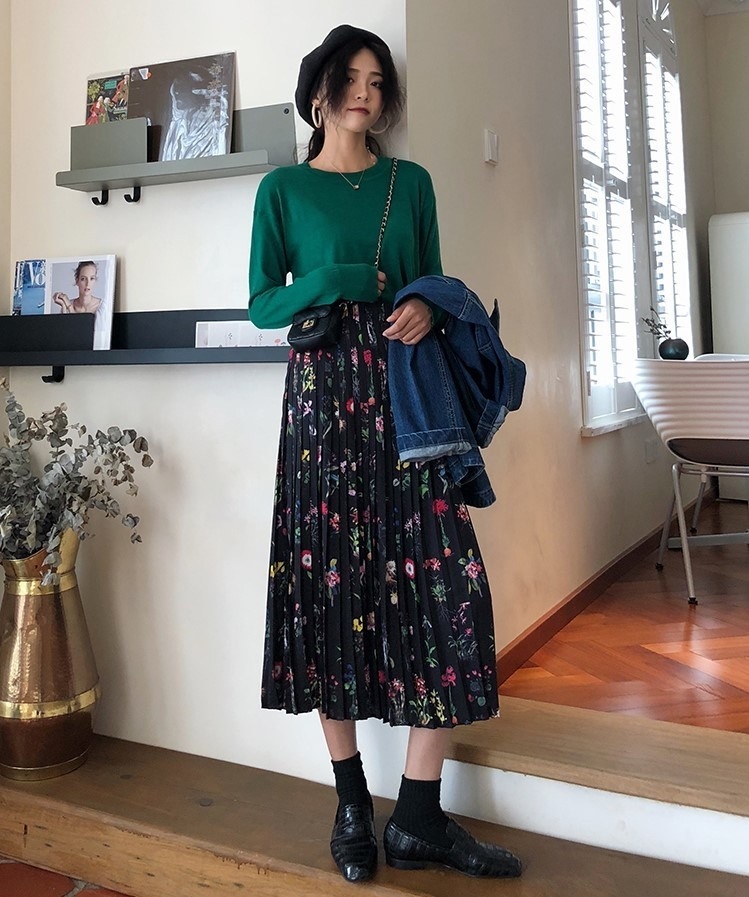 3374.花柄プリーツロングスカート 2019 春夏 sale 春夏 sale ボトムス 美ライン おしゃれ きれいめ カジュアル シフォン エレガント お出かけ お呼ばれ 女子会 通勤 通学 普段使