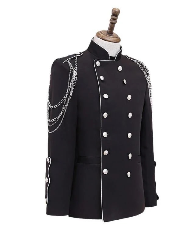 メンズステージ衣装 ジャケット 黒 立ち襟 ジャケット 長袖 スーツ ボタン カジュアル 舞台向け 結婚式 披露宴 二次会 演出 ジャケット 王子様 貴族 兵隊 礼服 制服 イベント ダンス衣装