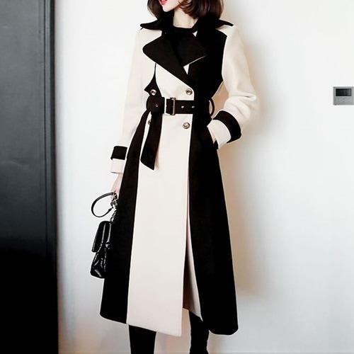 バイカラーが大人可愛い冬のロング厚手レディースチェスターコートレディースファッションコートジャケット