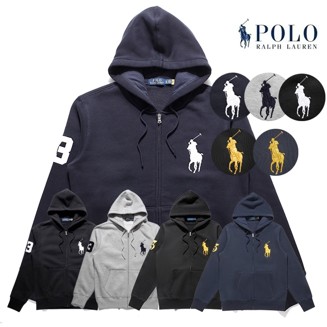 本物保証 ラルフ メンズ 裏起毛（裏フリース地） フルジップ フーデッド パーカー スウェット ビッグポニー ＆ No.3 ししゅう 3カラー展開