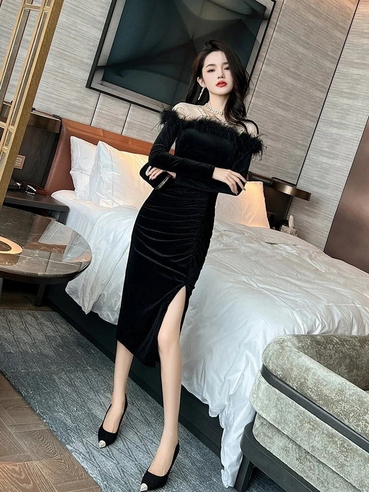 【JY.上品】 2023秋冬 お嬢様 シルクベルベット イブニングドレス オフショルダー チャイナドレス パーティードレス キャバ 着痩せ 大人 同窓会 披露宴 卒業式 結婚式 演奏会 ウェディング3
