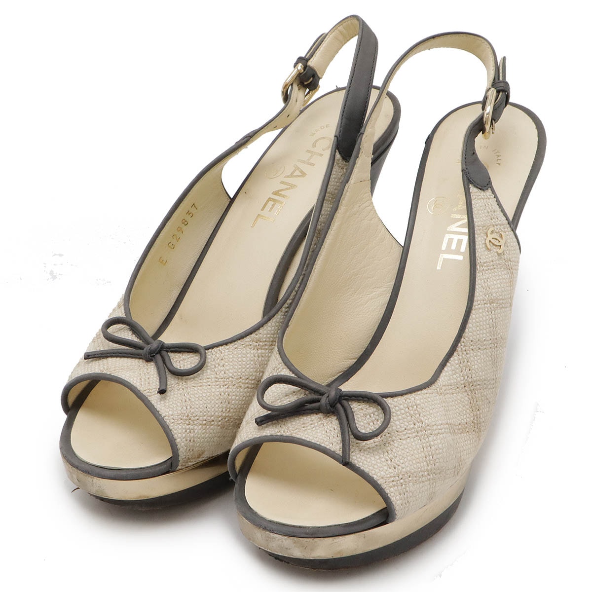 バックストラップ サンダル パンプス オープントゥ リボン キャンバス レザー アイボリー　グレー #38 日本サイズ約24cm G2983