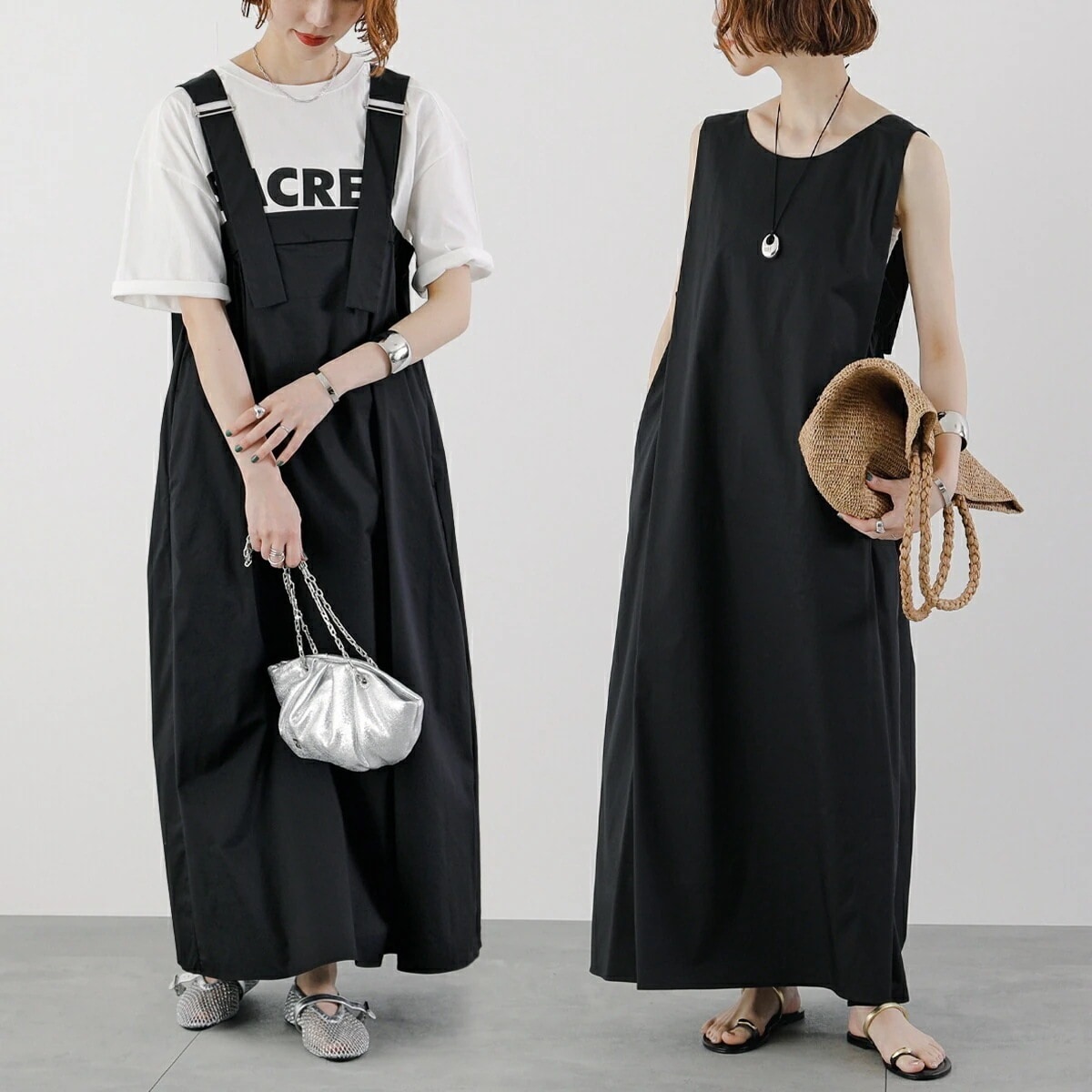 CHIGNON シニヨン 2way ワンピース 5552-180KK レディース ノースリーブ ジャンパースカート Aライン フレア ロング丈 ブラック 【mega】