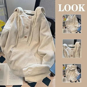 Qoo10-パーカー 日系コーデュロイのパーカーのけだるさ風ゆったりショルダーパーカー ロンT 裏起毛ファッション