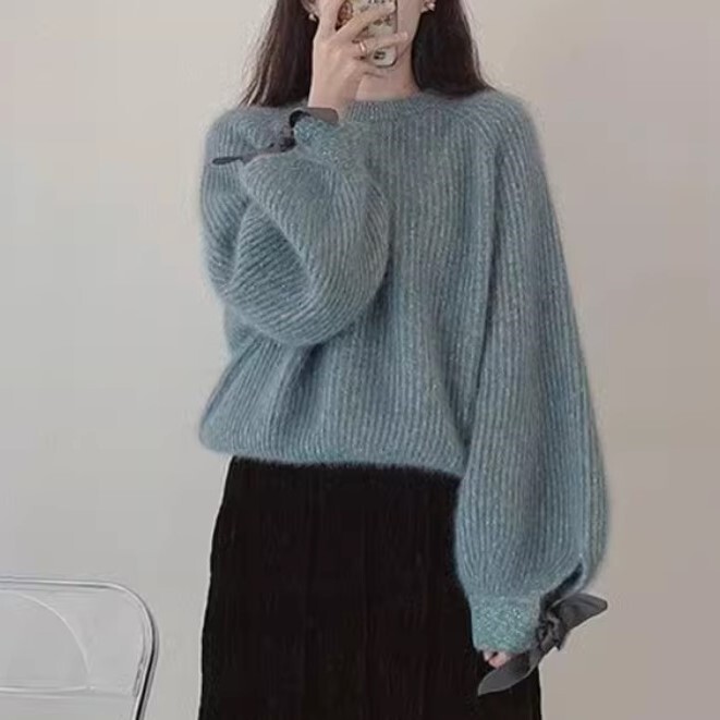 ゆるめシルエット 袖口リボン 杢調ニット レディース トップス セーター ミディアム丈 長袖 ボリューム袖 ラグラン ランタンスリーブ 袖口スリット クルーネック 襟なし オーバーサイズ