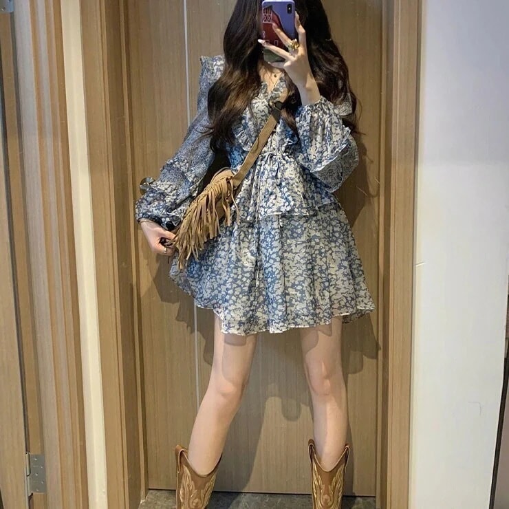 ワンピース レディース フレアスカート 長袖 フレアスリーブ ショートスカート ミニ丈 ショート丈 シフォンワンピース ミニワンピ フレア 花柄 Vネック ミドルウエスト 大人 大人っぽ 大人女子