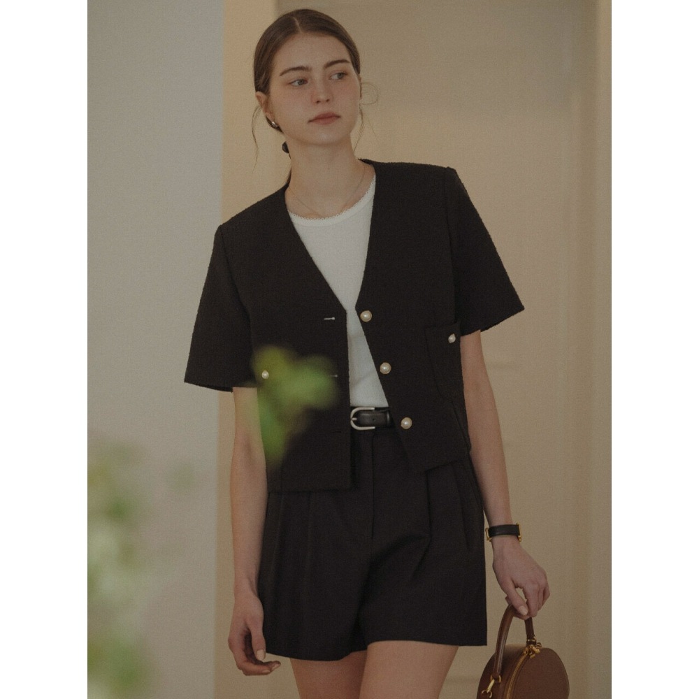 TILLIDIE ノーカラーパールボタンサマーツイードジャケットブラック