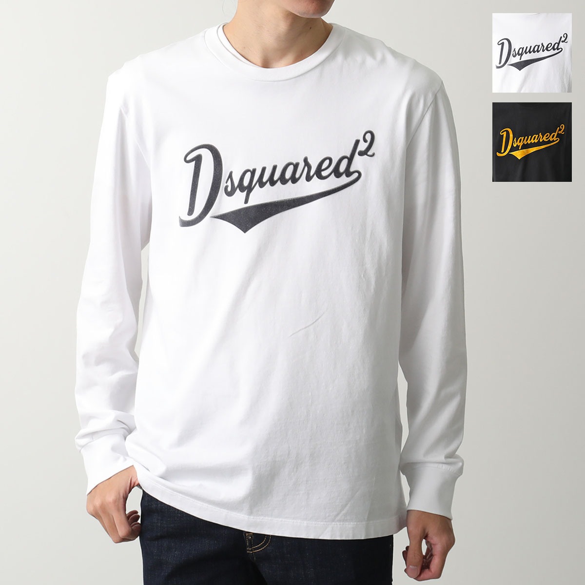 DSQUARED2 ディースクエアード Tシャツ S74GD1422 D20020 メンズ 長袖 ロンT クルーネック カットソー ストレッチ フロッキープリント ロゴ カラー2色