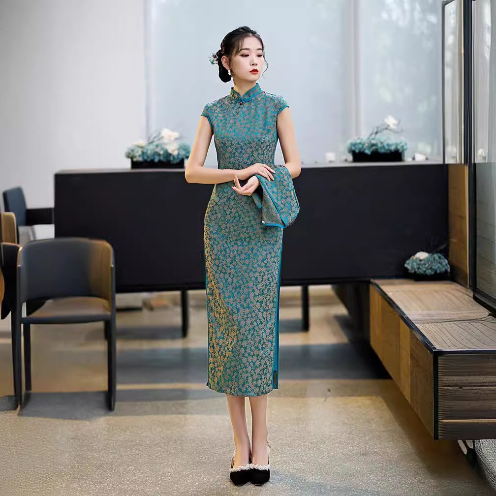 2025秋錦織ノースリーブツーピーススーツロングカーディガン古い上海レトロチャイナドレス