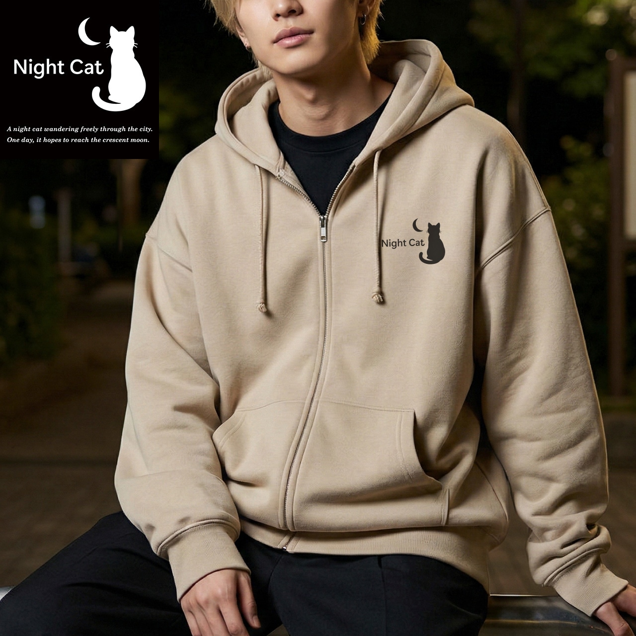 【Night Cat】ロゴ入り フルジップパーカー 10oz 裏パイル (サンドベージュ) 夜猫 STORE かわいい 猫 ロゴ マーク クール ストリート 韓国 ファッション