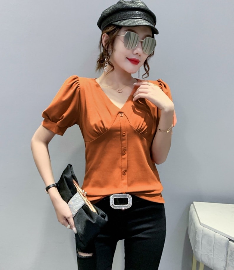 トップス デート モテアイテム ブラウス カットソー 五分袖 Vネック シフォン 可愛い きれいめ 上品 おしゃれ かっこいい 可愛い ラブリー キュート ガーリー クール モード系 セクシー