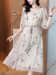 レディースワンピースレディース2024夏新作プリントシフォンVネックミディアムスリーブスカート-13 5,210円