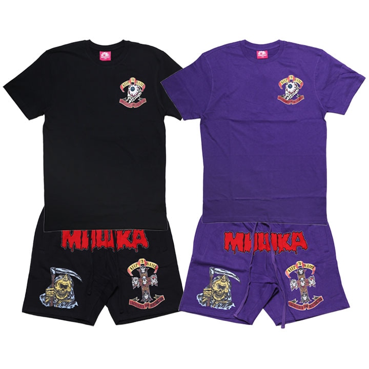 MISHKA セットアップ 上下セット 半袖 ブランド Tシャツ ハーフパンツ メンズ 春夏用 黒 紫 大きいサイズ ミシカ KEEPWATCH キープウォッチ