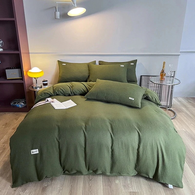 【急速出荷!】今の流行シンプルワッフル4点セット 無地掛け布団カバー・シーツ 和式用フィットシーツ4点セット ベッド4点セット