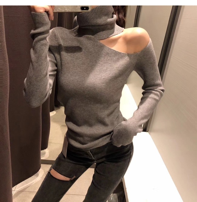 トップス ニットソー セーター ミディアム丈 ミドル丈 袖あり 長袖 ハイネック タートルネック ワンショルダー ワンショル スリム タイト 細身 プルオーバー ニット かわいい きれいめ シンプル