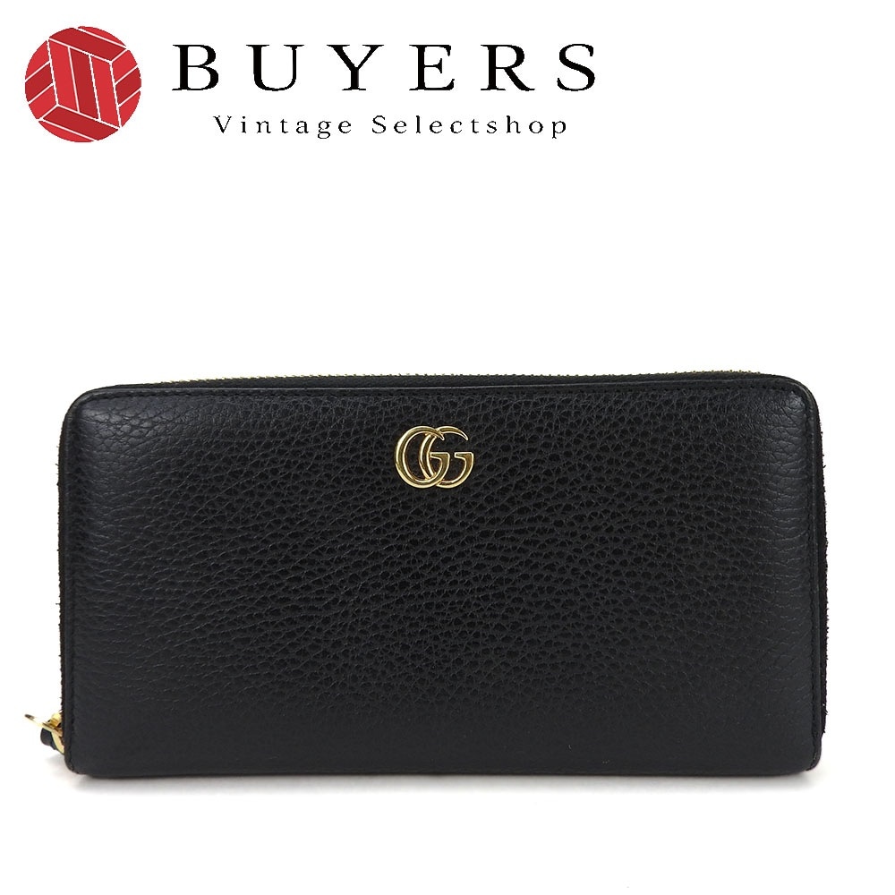 中古 長財布 456117 GGマーモント レザー ブラック ゴールド金具 ラウンドファスナー レディース 女性