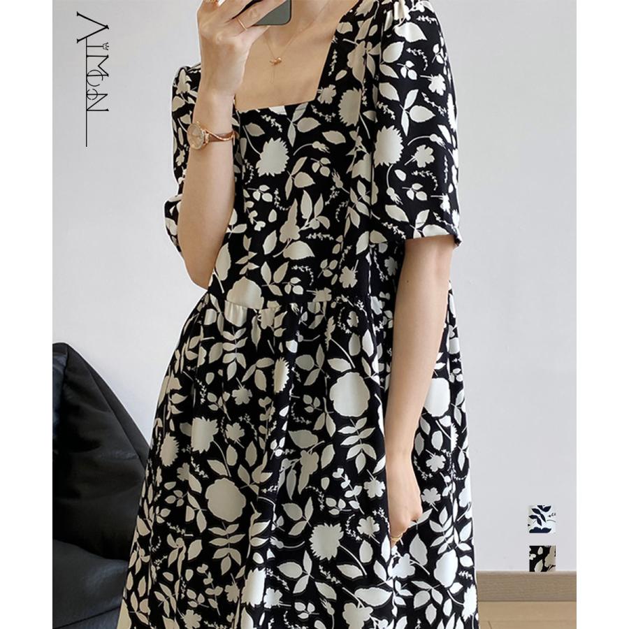 花柄ワンピース スクエアネック レトロ【在庫限り】売り尽くしセール【ネコポス投函】