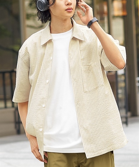 長袖シャツ オーバーサイズサッカー5分袖シャツ 大きいサイズ有