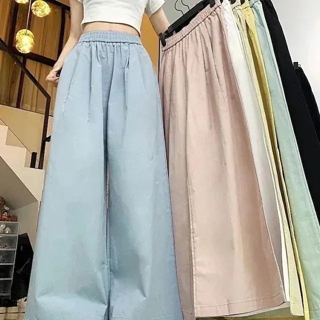 24 パンツ ロング丈 モップパンツ ワイド ストレート ウエストゴム ハイウエスト 美脚効果 脚長効果 細見え 黒 水色 白 緑 韓国ファッション レディース かわいい おしゃれ カジュ