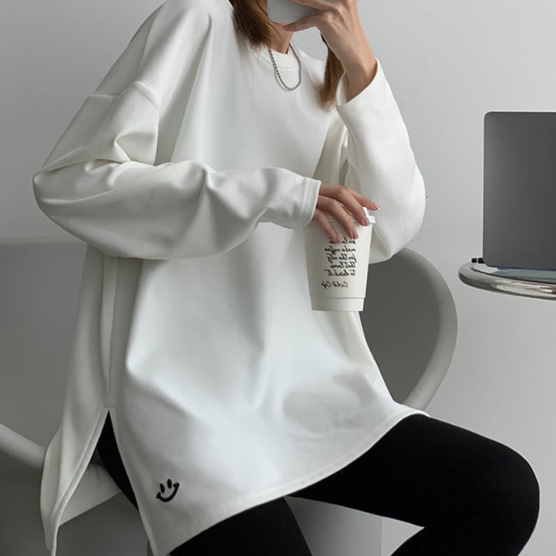 2color レディース カットソー Tシャツ 長袖 スマイル ホワイト ブラック お洒落 209
