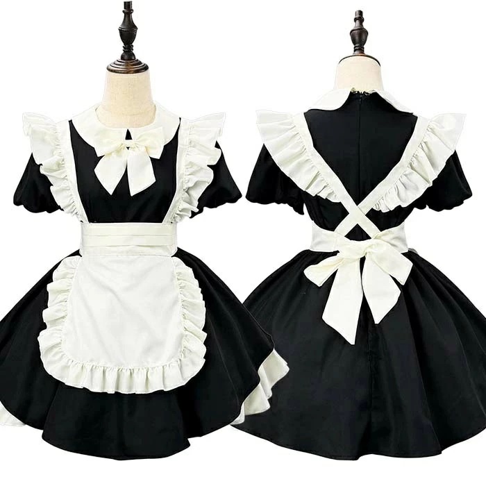 【新作登場 最安値】3点セット メイド服 ワンピース+エプロン+髪飾り 舞台ドレス フリル コスプレ仮装 半袖 ショート丈 ロング丈 ロリータ パーティー 舞台衣装 イベント 変装 女装 余興 新会