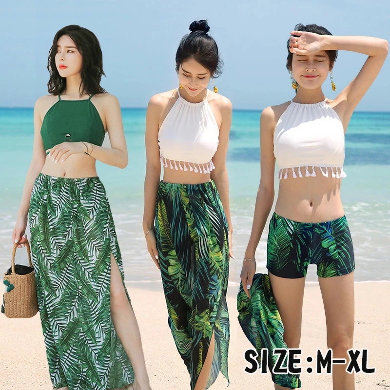 あす楽 水着 白 レディース 体型カバー ビキニ バンドゥ ック 3点セット エスニック柄 無地 ロングスカート パレオ M L LL ママ 体型カバー水着 30代 40代 50代 セパレート