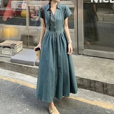 2024夏 韓国ワンピース デニム シャツ ロング丈 半袖 ボタン Aライン 細見え 夏 青 ブル