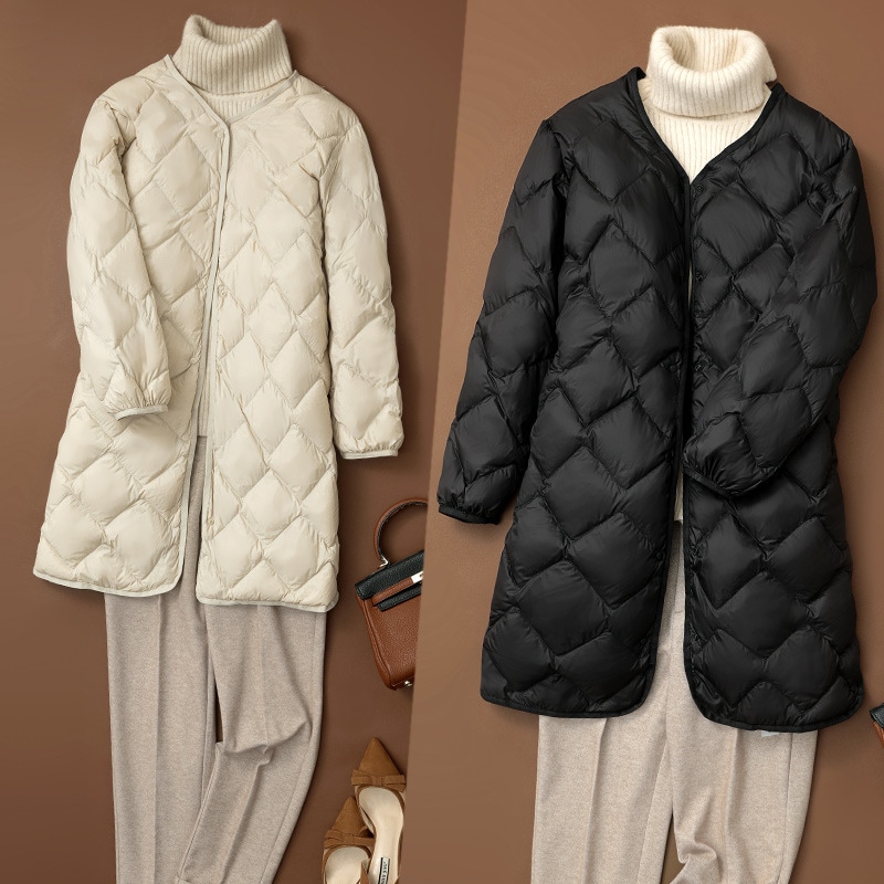 クロスボーダー軽量薄手ダウンジャケットレディースミドル丈2025秋冬新作ダイヤモンド柄長袖大きいサイズダウン裏地トレンド