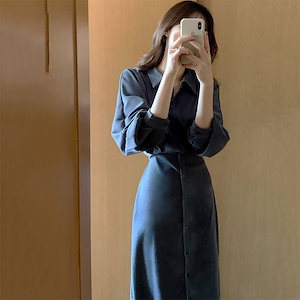 今季新作シャツワンピ レディース新作 ウエスト スリム 膝下ロング丈 ブラックワンピース