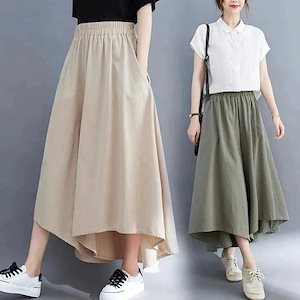 「ファットガール」 キュロットスカート 九分丈 ワイドパンツ 体型カバー ゆる 大きいサイズ 不規則裾 スラックス ゴム ハイウエスト レディース 袋付き ロングパンツ フレア メガ割