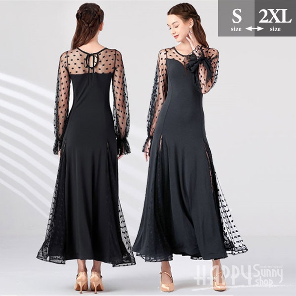 社交ダンス ワンピース モダンドレス 長袖 ネット切り替え 社交ダンスドレス ブラック ダンス発表会 黒 スタンダードドレス 競技着 練習着 演出用 ワルツダンス ダンス衣装 ダンスパーティー デモ用