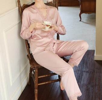 2点セット 上下セット レディース トップス パンツ ボトムス ルームウェア パジャマ 部屋着 セットアップ アンサンブル 寝巻き 長袖 Vネック 襟なし ノーカラー フェミニン レース 前開き