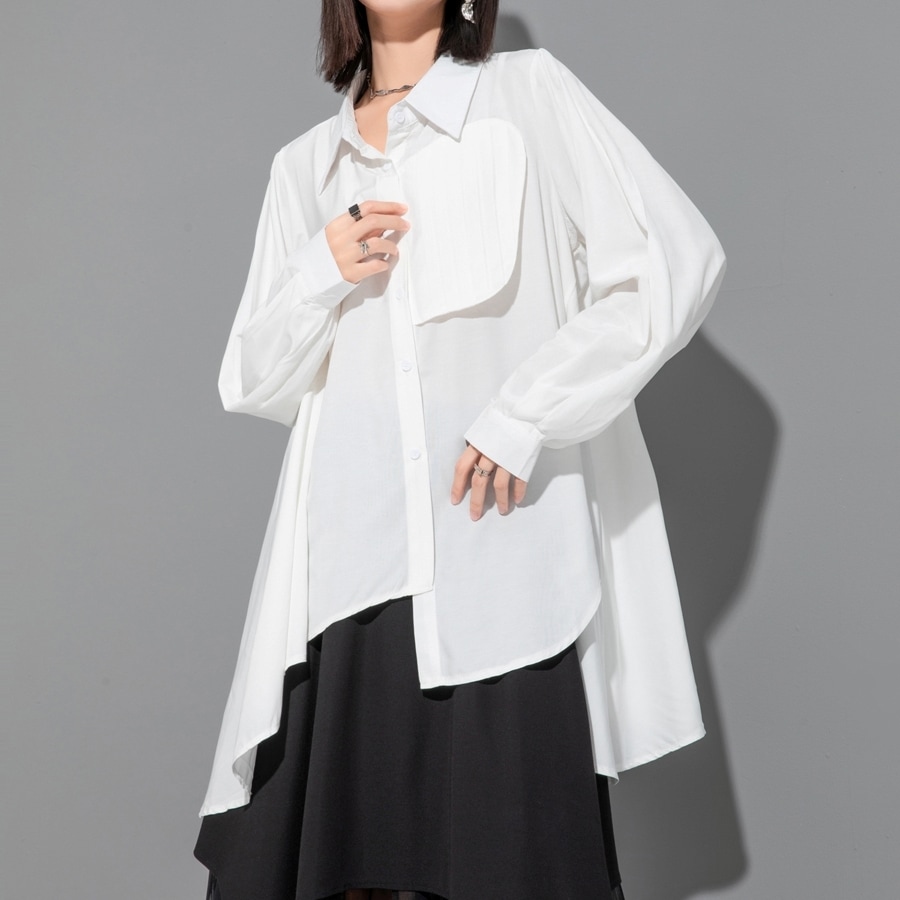 トップス シャツ 長袖 襟付き 前開き ボタン ミディアム丈 アシンメトリー かわいい 大人可愛い きれいめ シンプル 上品 レトロ おしゃれ かっこいい カジュアル こなれ感 個性的 主役級 存在感
