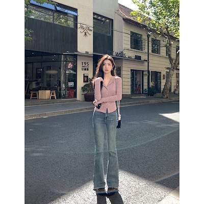 ブルーのミニラッパジーンズ細身の女性の秋冬のデザイン感モップパンツ