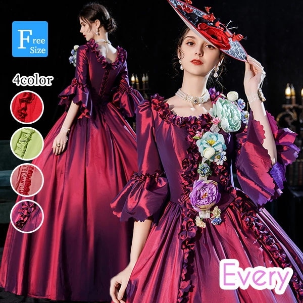 ドレス レディース ロングドレス 貴族ドレス 中世ヨーロッパ お姫様 プリンセスドレス カラードレス 半袖 フリル アンブレラスリーブ 華やか ボリューム ゴージャス ステージ衣装 貴婦人 オペラ プ