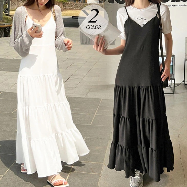 【2025新作 急速出荷】キャミソール ティアード ワンピース ロング フレア マキシ ミモレ レディース ゆったり 体型カバー 大きめ ホワイト ブラック 流行 ガーリー フェミニン 可愛い 春 夏