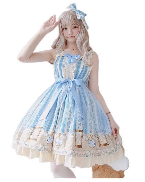 ワンピース ロリータ リボン　髪飾りおまけ　レディース キャミソールワンピース　ロリータシャツ ロリータ　可愛い 膝丈 ドレス カワイイ 袖なし　仮装 変装　コスチューム　普段着