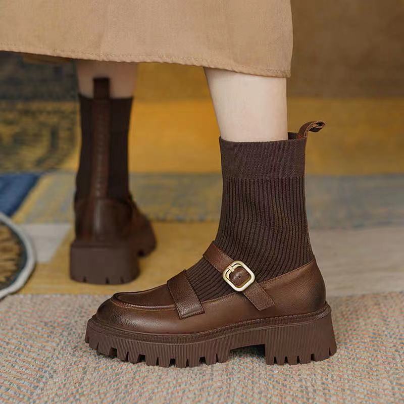 厚底シューズ 母の日 百掛け ショートブーツ おしゃれ ミドルヒールシューズ 英伦風 着痩せ ソックスブーツ マーディンブーツ レトロ ニット 厚底靴 美脚