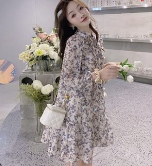 花柄シフォンワンピース ワンピース 膝丈 袖あり 綿 長袖 花柄 爽やか 大人スタイル 大人可愛い きれいめ シンプル カジュアル 大人 上品 おしゃれ かっこいい レトロ アジアン 大人可愛い