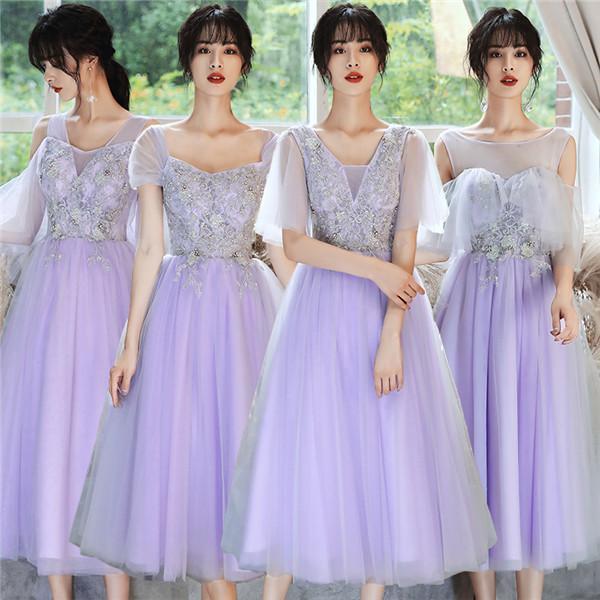 【6月＆イベントセール】結婚式ワンピース パーティードレス ブライズメイドドレス パープル 編み上げタイプ 二次会 ドレス 呼ばれドレスミモレ丈30%OFF安い