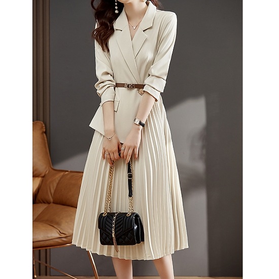 【取寄：納期2週間】ワンピース レディース プリーツスカート 長袖 ロング丈 プリーツワンピース フォーマル お呼ばれ ワンピース プリーツ ビジネス オフィス 通勤 プリーツワンピース おしゃれ