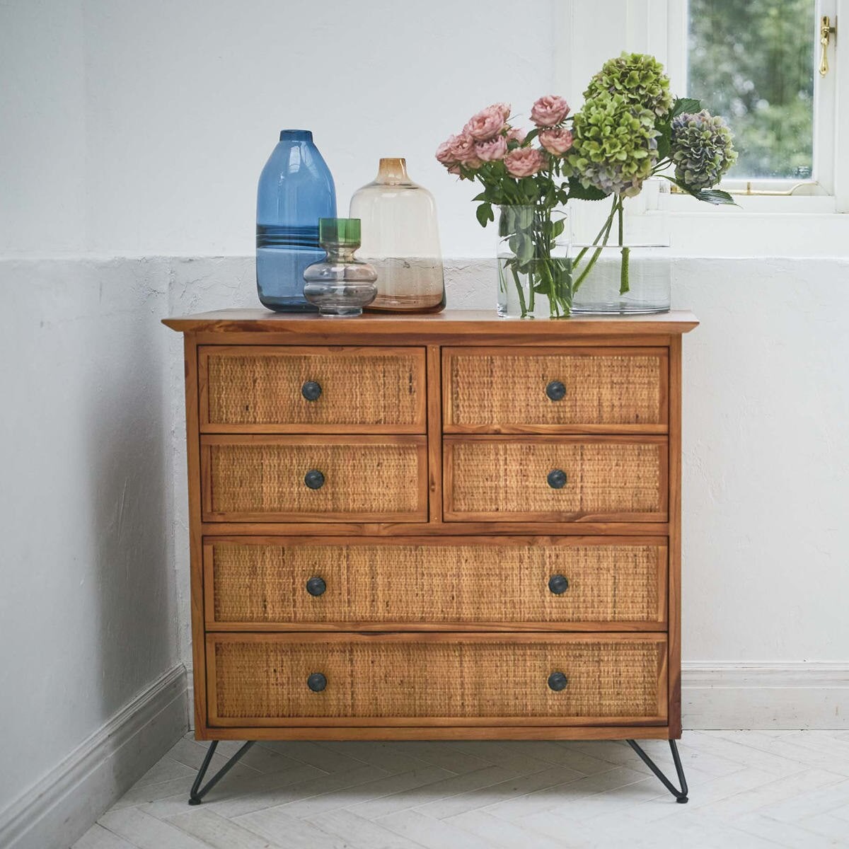 籐 チェスト 4段6杯 エスニック風 チーク材フレーム 幅80cm