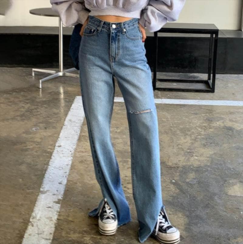 ボトムス レディース デニムパンツ ジーンズ ジーパン Gパン ハイウエスト ポケット ダメージ加工 ユーズド風 ストレート ルーズ 裾スリット シンプル カジュアル おしゃれ お洒落 こなれ感 ラフ