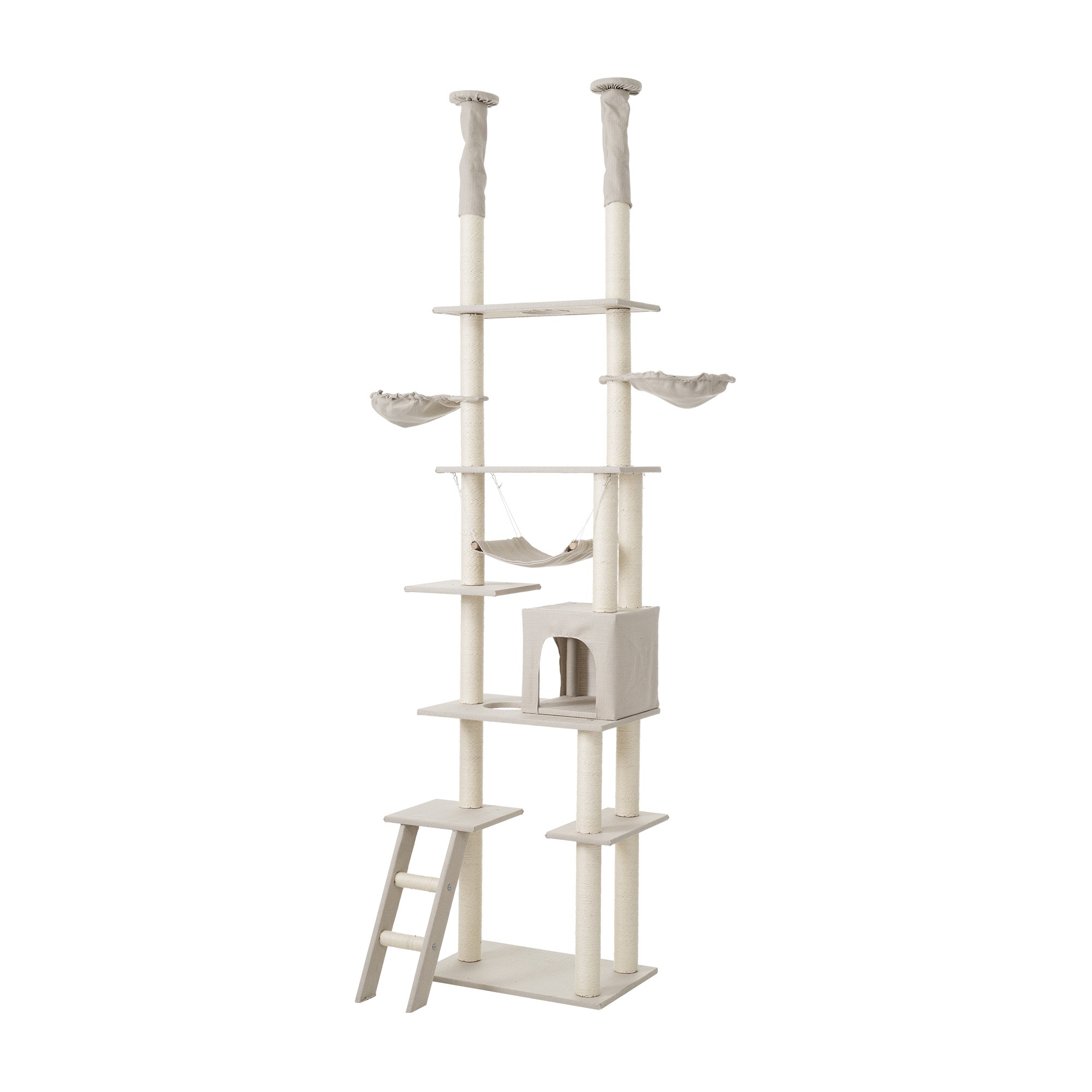 キャットタワー 突っ張り スリム おしゃれ　省スペース キャット 猫 子猫 遊び道具 室内 ペット用品 ペット　爪とぎ　全高235-258cm 【ホワイトグレー】