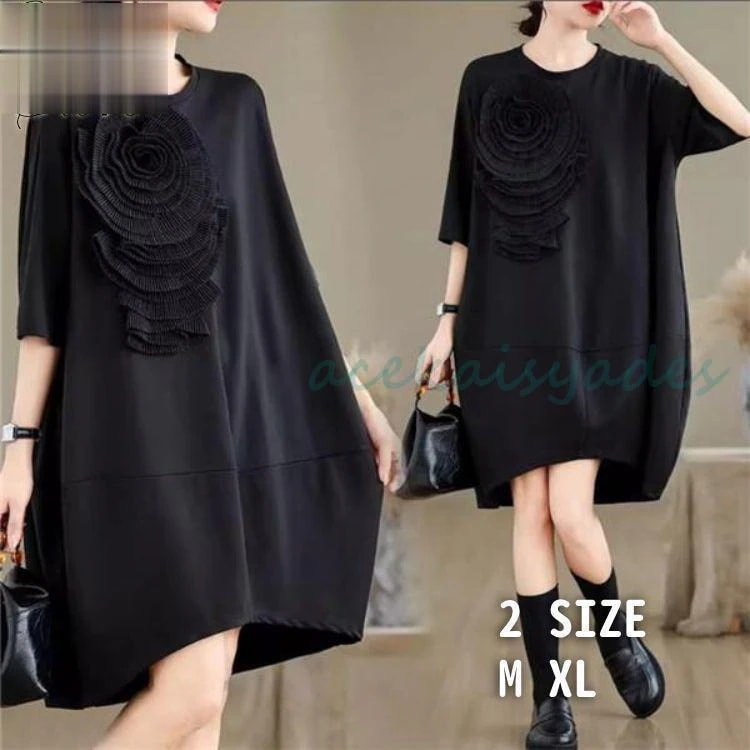 【期間】春夏ワンピース フラワー 立体感 レディース 大人クールな印象のあるブラック 半袖 丸首 クルーネック 女性らしさとモードな印象
