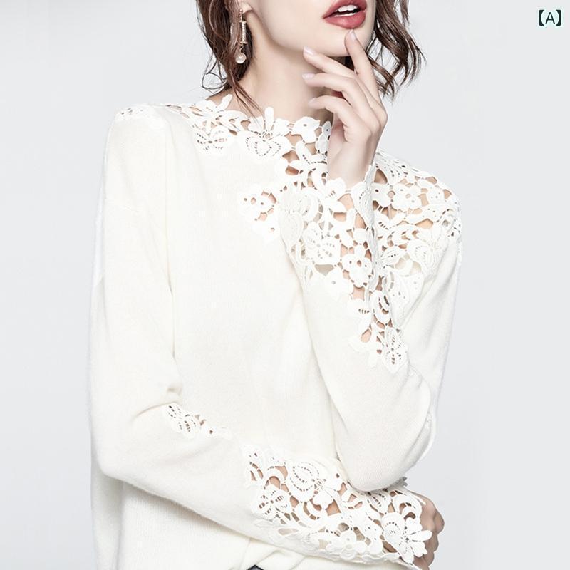 レディース　ニット　レース　シルク の 商品 レース 刺繍 ベース 長袖 ニット セーター 春秋 スタイル ホワイト シック トップス 女性用
